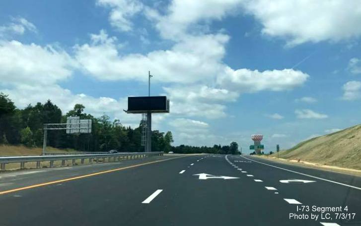 Image of newly opened I-73 North roadway and variable messgage sign prior to NC 68 South exit in Greensboro, by LC