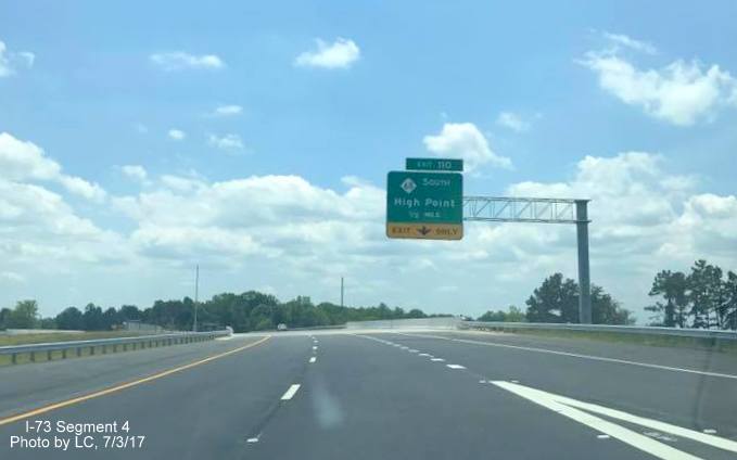 Image taken of overhead exit sign for NC 68 South exit from newly opened segment of I-73 South in Greensboro, by Strider