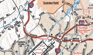 Portion of NCDOT 2021-2022 State Transportation Map Triad Inset showing path of I-73 along Bryan Blvd. in Greensboro