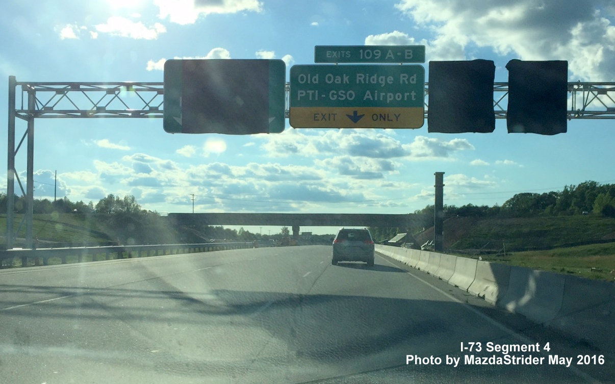 Image of new exit sign with I-73 Milepost Number for PTI Airport on Bryan Blvd West (Future I-73 North), from MazdaStrider