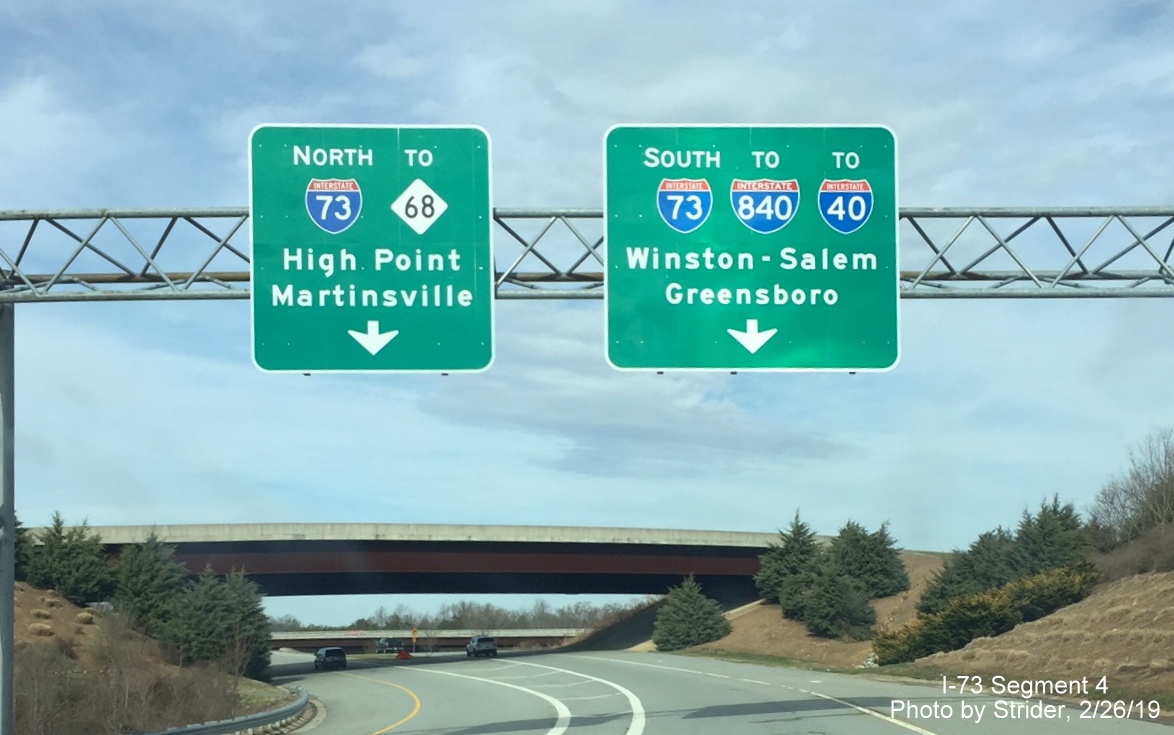 Image of recently added overhead signage along PTI Airport exit road for I-73/Bryan Blvd., by Strider in Feb. 2019