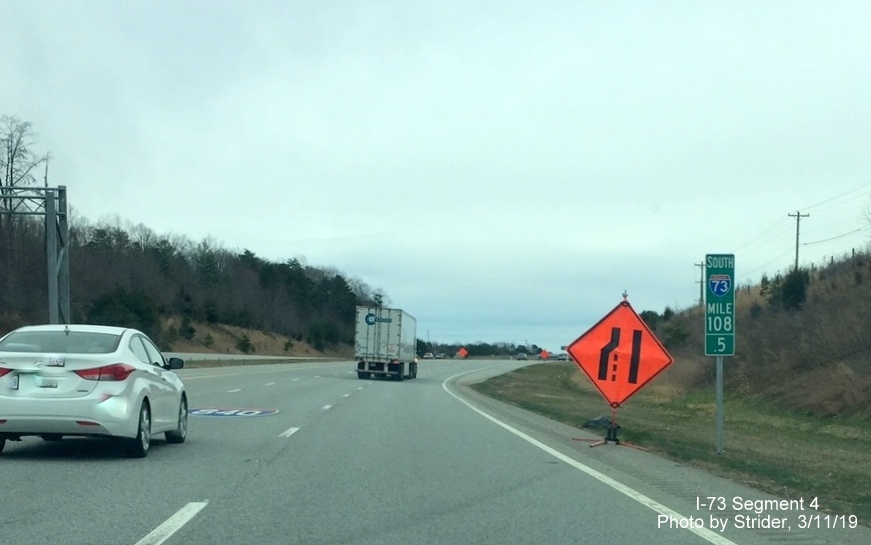 Image of newly placed mile marker on I-73 South by PTI Airport exit onramp in Greensboro in March 2019, by Strider