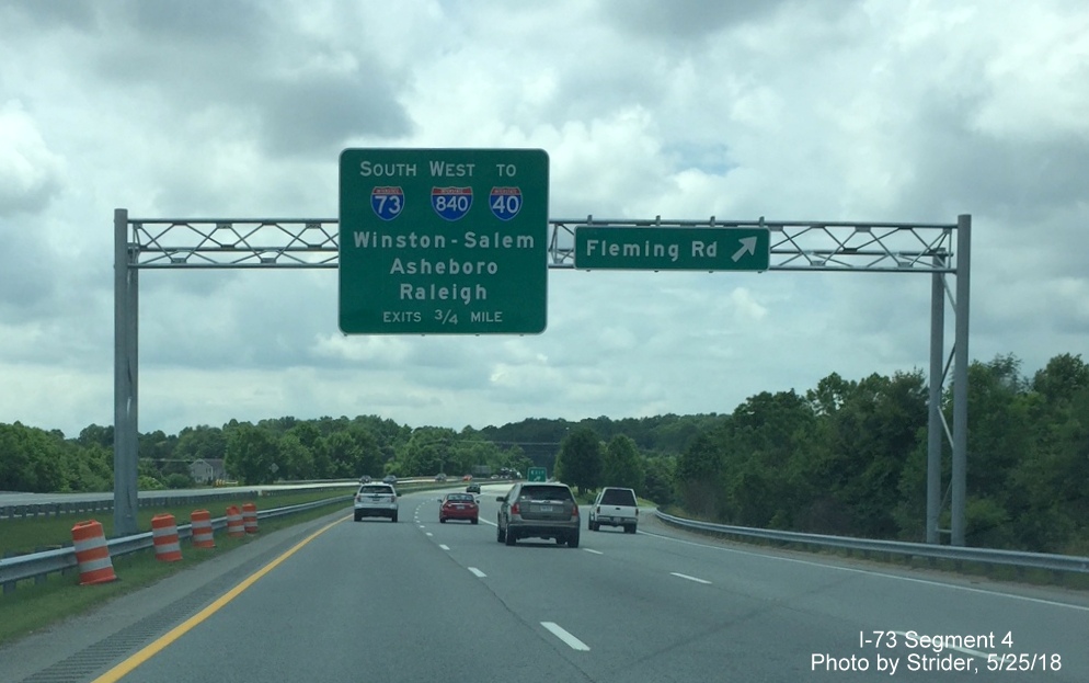 Image of newly placed overhead sign at Fleming Rd exit on Bryan Blvd West for I-73 and newly opened section of I-840 Greensboro
      Urban Loop, by Strider