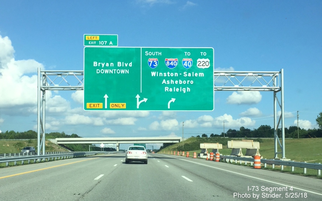Image of new Arrow-per-Lane sign placed on I-73 South for Bryan Blvd exit at I-840 Greensboro Urban Loop, by Strider