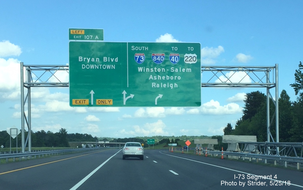 Image of second new arrow-per-lane sign placed on I-73 South for Bryan Blvd exit at I-840 Greensboro Urban Loop, by Strider