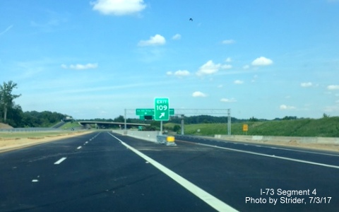 Image of gore sign for PTI Airport exit on newly opened section of I-73 South in Greensboro, by Strider