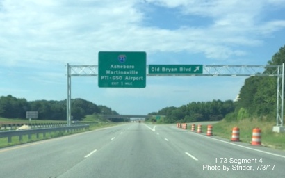Image taken of signage on NC 68 North in Greensboro for newly opened I-73 Segment by PTI Airport, by Strider