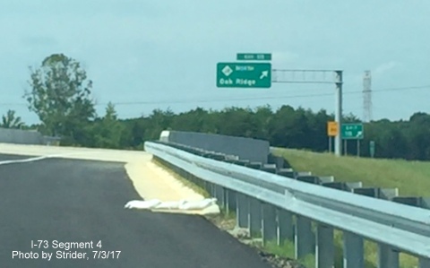 Image taken of overhead exit sign for NC 68 North exit approaching city of Oak Ridge on new segment of I-73 North, by Strider