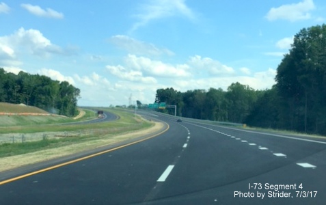Image taken of newly opened I-73 South approaching exit signs for NC 68 South and PTI Airport in Greensboro, 
      by Strider