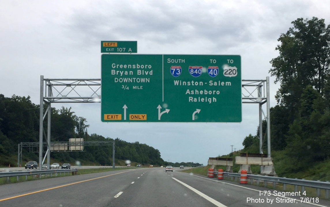 Image of recently placed 3/4 mile overhead advance sign for Bryan Blvd exit on I-73 South at I-840 Greensboro Loop, by Strider