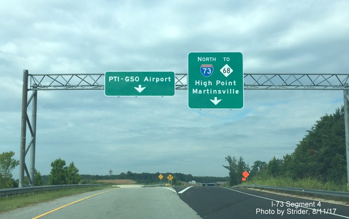Image of new overhead signage at ramps from Old Oak Ridge Rd to PTI Airport and I-73 North, by Strider