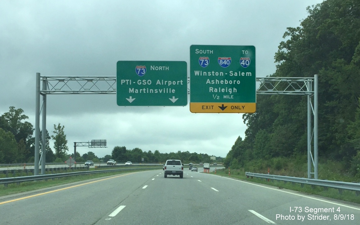 Image of new overhead signs approaching the I-73/I-840 Greensboro Loop on Bryan Blvd west, by Strider