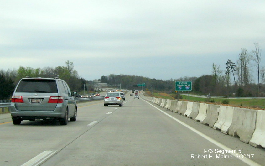 Image of view looking south along Greensboro Loop at end of I-73 ramp reconstruction and placement of I-73/I-840 Sign
