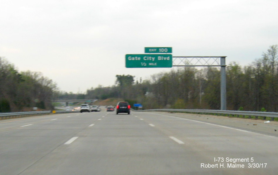 Image of view of new Gate City Blvd exit sign on I-73 South in Greensboro