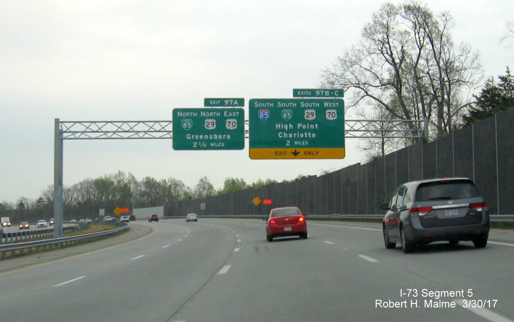 Image showing 2-Mile advance overhead signage for I-85/Bus. 85 exits on I-73/Greensboro Loop South
