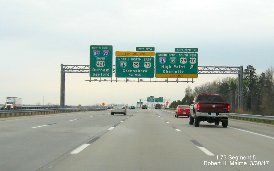 Image showing overhead exit signs prior to I-85/Bus. 85 exit on I-73 South in Greensboro