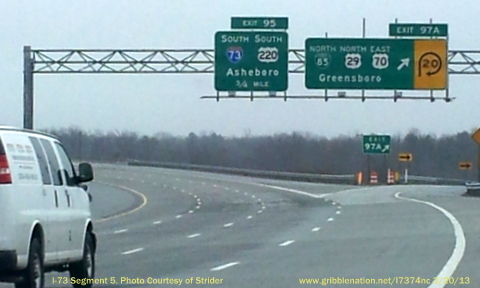 Photo of new I-73 signage for Exit 95 along Greensboro Loop at Business 
85 Exit in March 2013, Courtesy of Strider