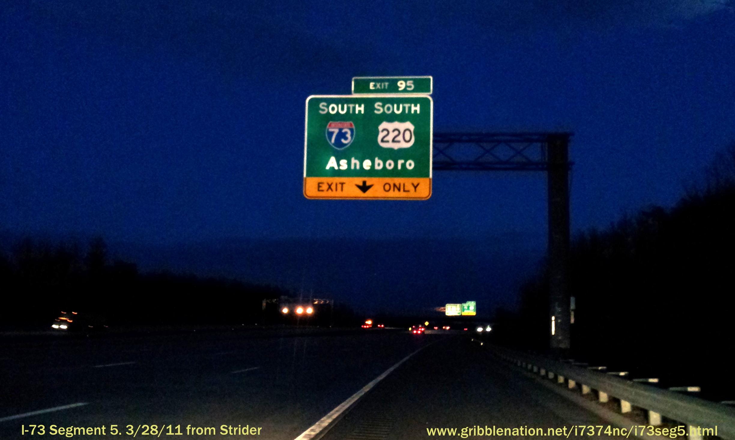 Photo of new I-73 signage for Exit 95 along Greensboro Loop approaching 
junction with I-85 in March 2013, Courtesy of Strider