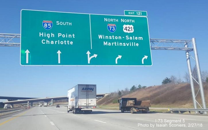 Closeup image of recently placed arrow-per-lane sign at I-73/US 421 North exit from I-85 North/Greensboro Loop, by Isaiah Sconiers