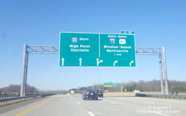 Image of 1-mile advance arrow-per-lane sign for I-73/US 421 exit on I-85 South in Greensboro, by Isaiah Sconiers