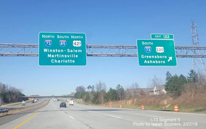 Image of new pull through sign with Martinsville as control city on I-85 South at I-73/US 220 South exit in Greensboro, by Isaiah Sconiers