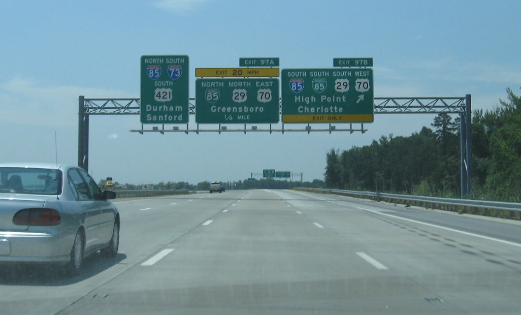 Photo of exit signage approaching I-85 South exit on I-73 Greensboro Loop
in June 2009