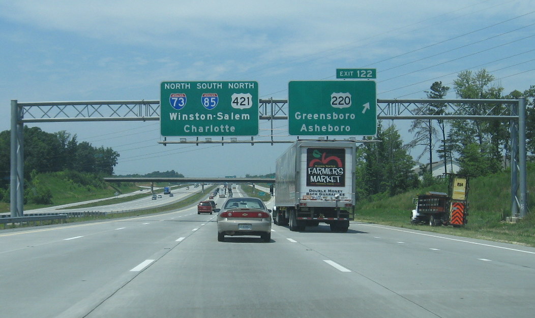 Photo of exit signage along I-85 north approaching the I-73 portion of
the Greensboro Loop in June 2009