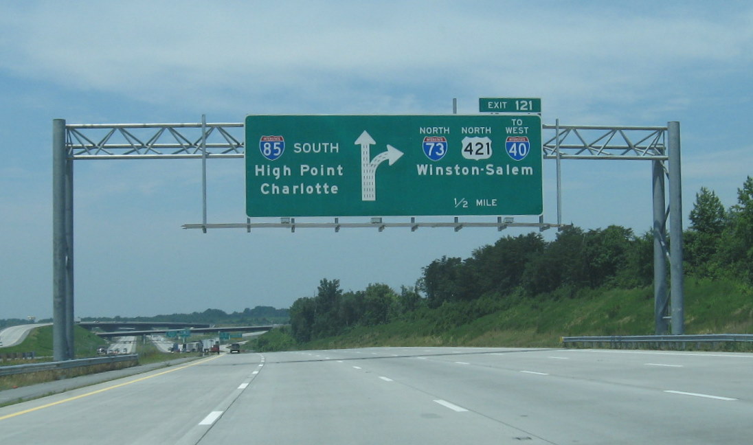 Exit signage at the Split of I-85 South and I-73 North on the Greensboro
Loop in June 2009
