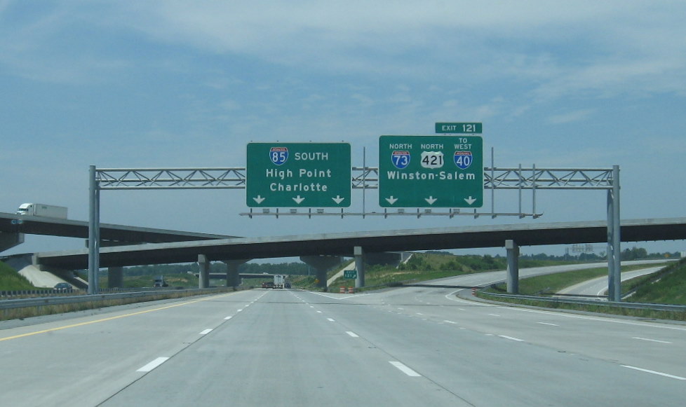 Photo of exit signage on I-85 South for I-73/US 421 exit, June 2009