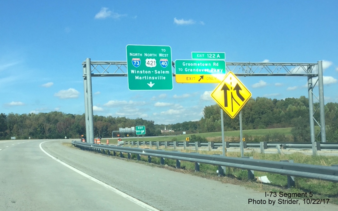 Image of new overhead sign at ramp to Groometown Road in I-73 North just prior to merge with US 421 North on Greensboro Loop