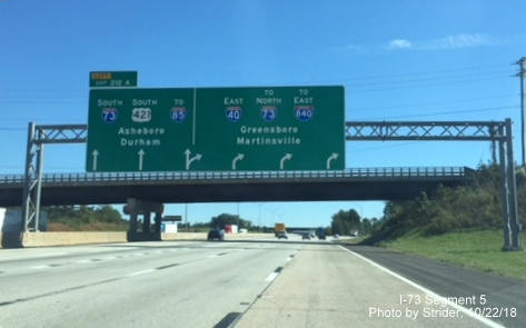 Image of recently placed arrow-per-lane overhead exit ramp sign for I-73/US 421 South exit on I-40 East in Greensboro