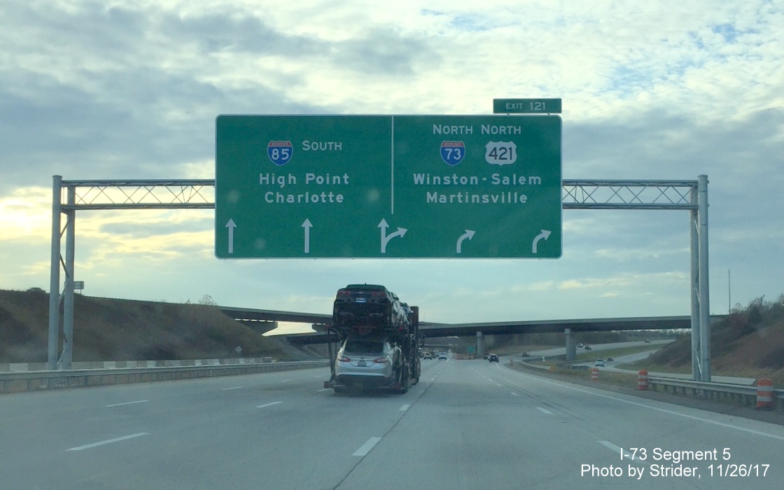Image of new arrow-per-lane sign at I-73/US 421 exit ramp on I-85/Greensboro Loop, by Strider