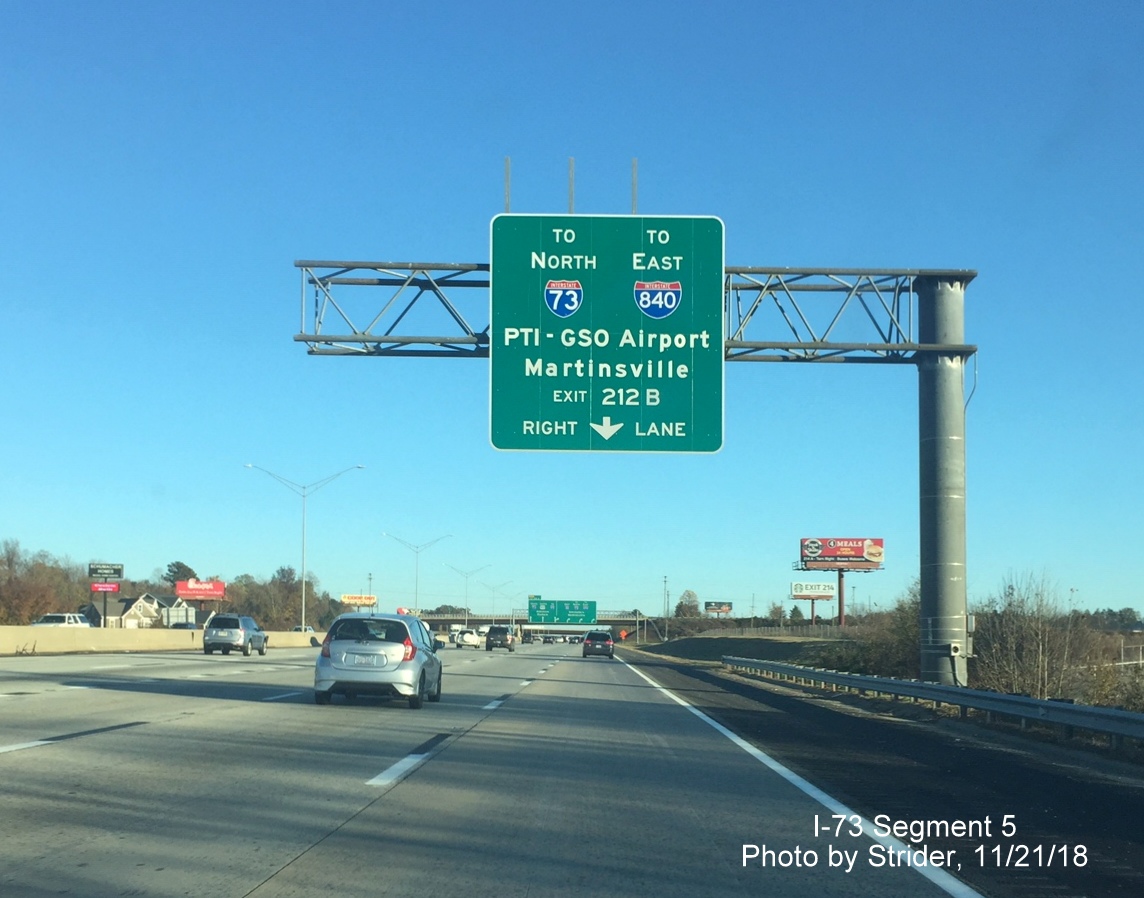 Image of recenty placed auxiliary sign for I-73 North/I-840 East exit on I-40 East after I-73 South Greensboro 
        Loop exit, by Strider