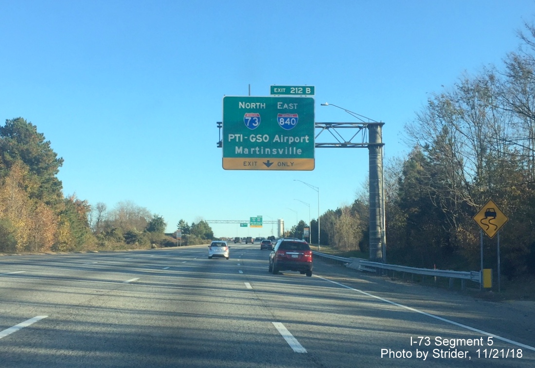 Image of 1/2 mile advance overhead sign for I-73 North/I-840 East Greensboro Loop exit on I-40 East, by Strider