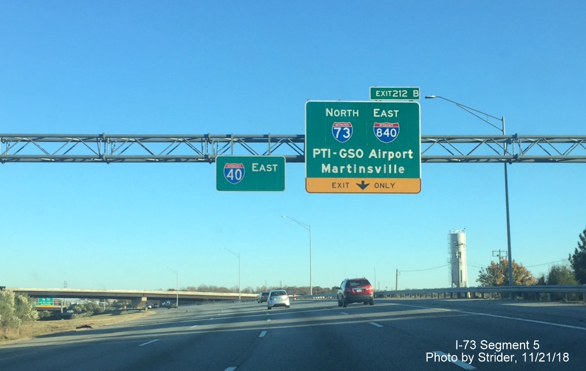 Image of newly placed 1/4 mile advance sign for I-73 North/I-840 East Greensboro Loop exit on I-40 East, by Strider