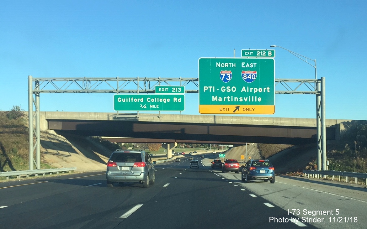 Image of new overhead ramp sign for I-73 North/I-840 East Greensboro Loop exit on I-40 East, by Strider