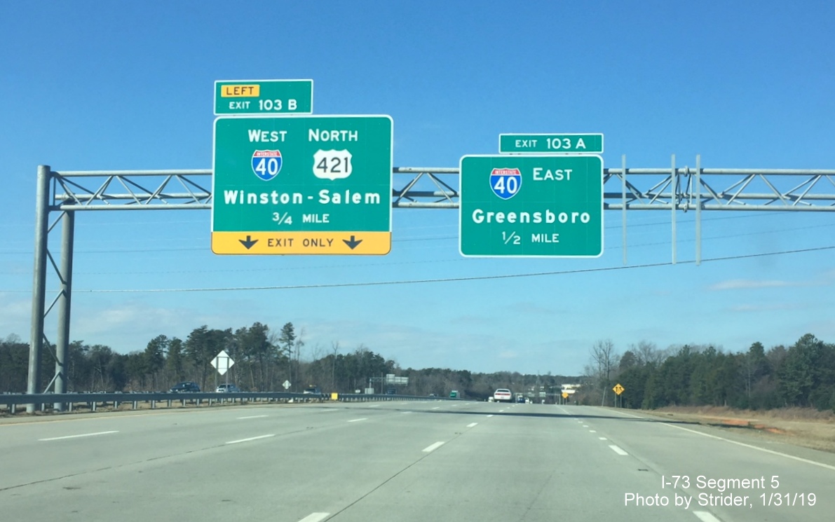 Image of newly placed overhead signs for I-40 exits on I-73 North/Greensboro Loop at Wendover Ave exit, by Strider