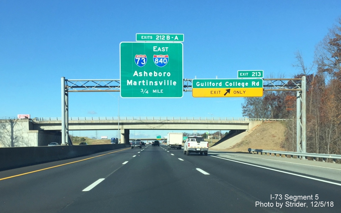 Image of newly placed 3/4 mile advance overhead sign for I-73/East I-840 exit on I-40 East in Greensboro, by Strider