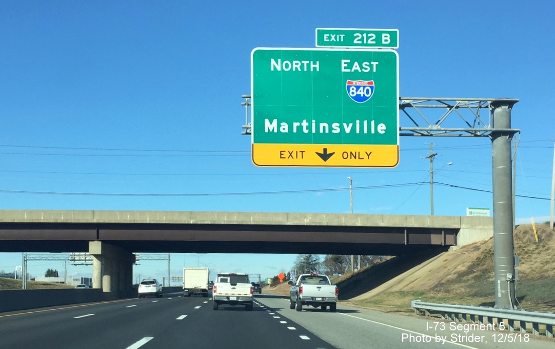 Image of new 1/2 mile advance overhead sign for I-73 North/I-840 East on I-40 West when first put up in December 2018 without I-73 shield, by Strider