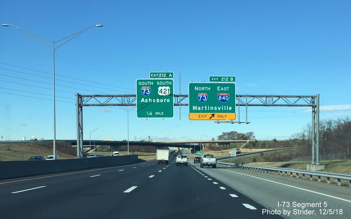 Image of original signage for I-73 South exit when new sign for I-73 North/I-840 East exit was first placed on I-40 West prior to Greensboro Loop, by Strider