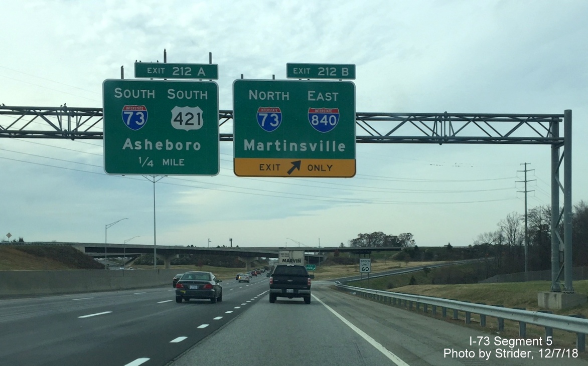 Image of newly placed overhead signs for I-73/I-840 Greensboro Loop exits on I-40 West, by Strider