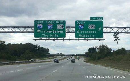 Photo of I-73 signage on I-85 Greensboro Loop in 
Sept. 2013 from AARoads Forum contributor Strider