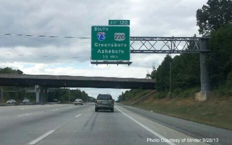 Photo of I-73 now appearing on I-85 Greensboro 
Loop Signage in Sept. 2013, from Strider