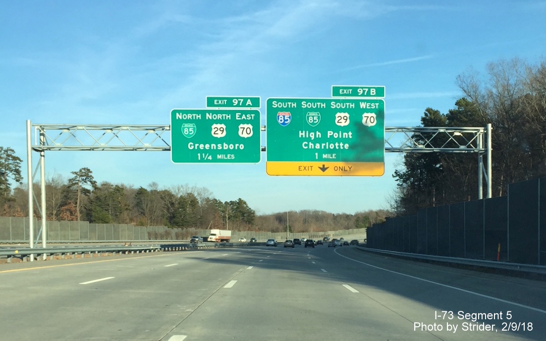 Image of new overhead sign for I-85 and Business 85 exits on I-73 South in Greensboro, by Strider