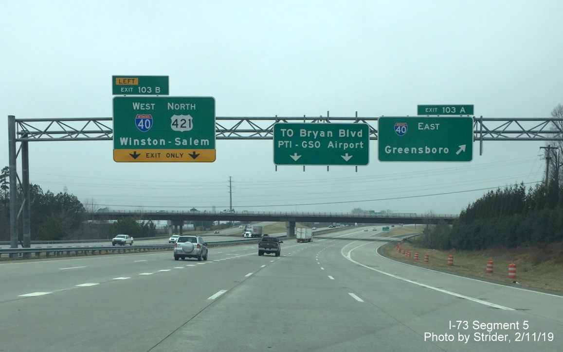 Image of some new signage on overhead gantry on I-73 North approaching I-40 exit in Greensboro, by Strider