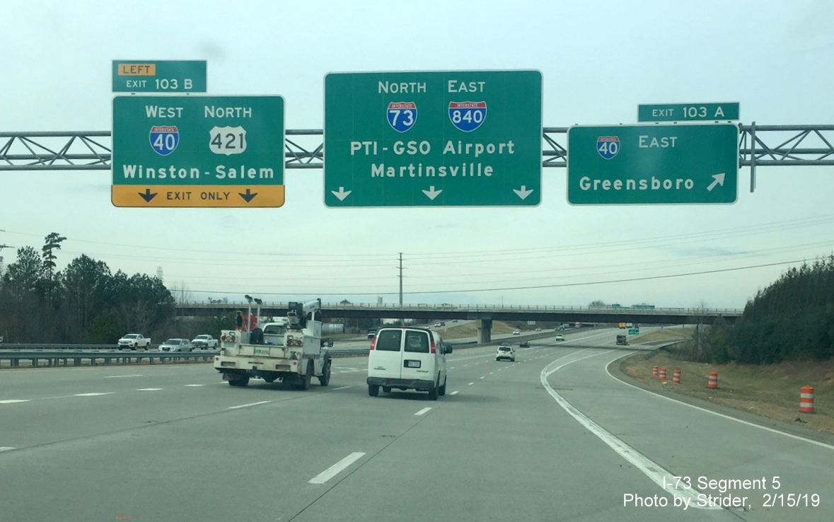 Image of newly placed pull through sign for I-73 North/I-840 East at 1/2 mile advance overhead for I-40 exit on Greensboro
      Loop, by Strider
