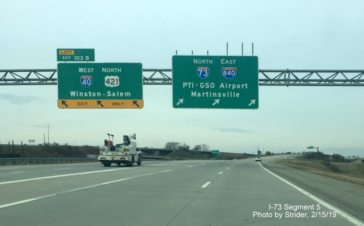 Image of new pull through overhead sign replacing earlier To Bryan Blvd/PTI Airport sign at I-40 West ramp from I-73 North/
      Greensboro Loop, by Strider