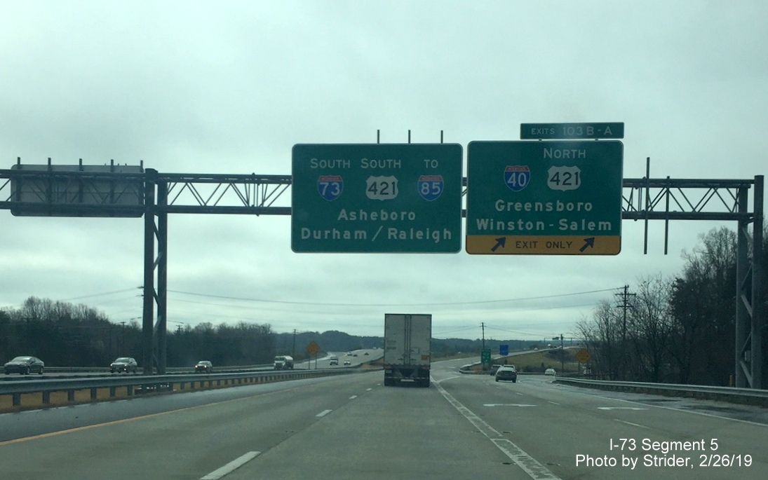 Image of recently placed overhead sign with both I-73 and US 421 at I-40 exit, by Strider