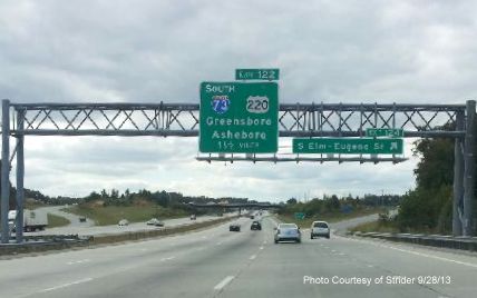 Photo of I-73 appearing on I-85 South Greensboro 
Loop Signage in Sept. 2013, from Stider