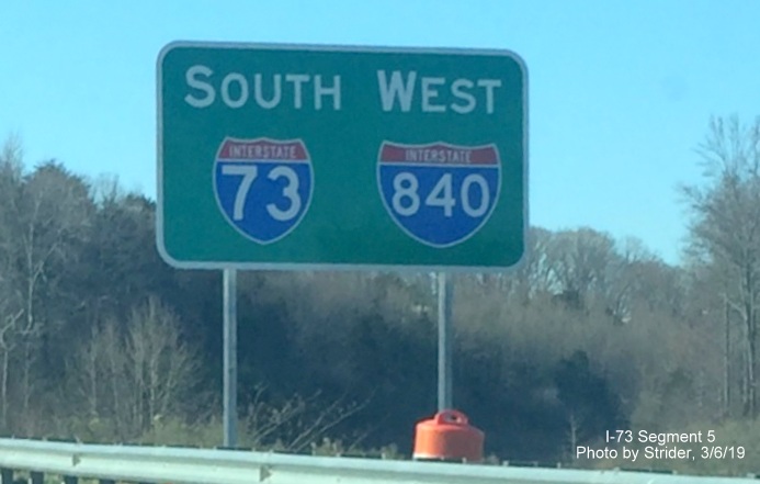 Image of recently placed reassurance marker sign for I-73 South/I-840 West after Bryan Blvd exit on Greensboro Loop in March 2019, by Strider